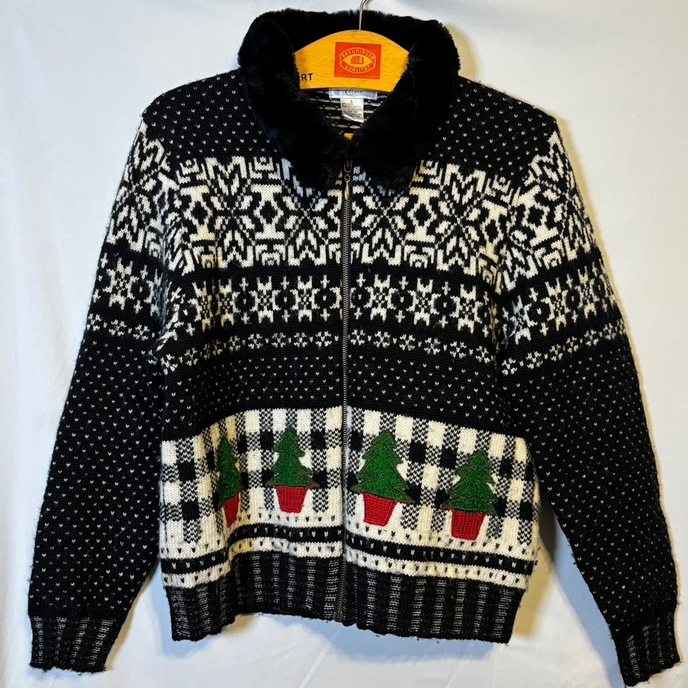 Vintage Cambridge Dry Goods Fair Isle Wool Zip Sweater Faux Fur Collar Size L